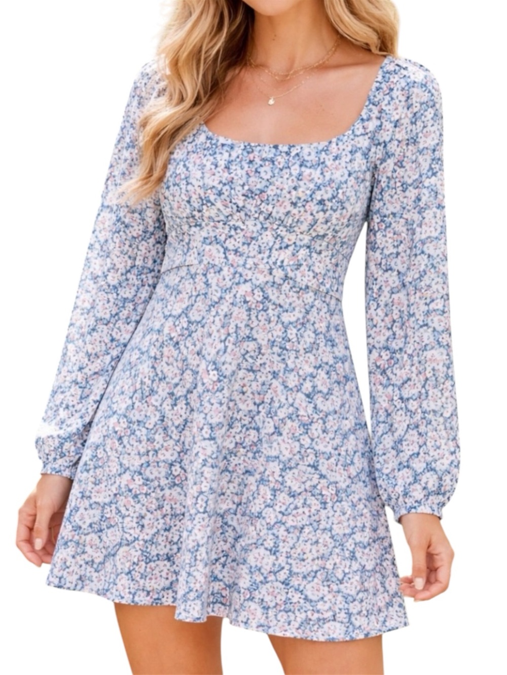 Altar'd State Blue Floral Bow Back Mini Dress L NWT Puff Sleeve Cottagecore